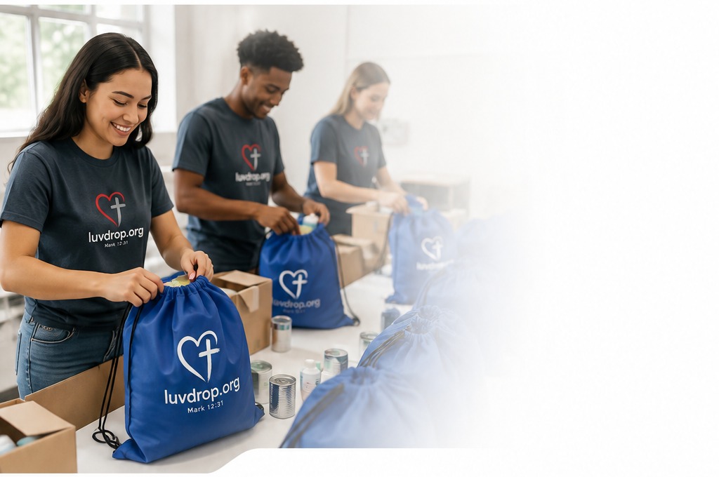 Volunteers packing royal blue Luvdrop drawstring backpacks