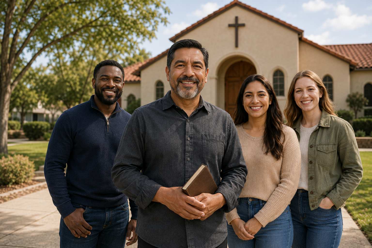 Church pastor standing with volunteer members outside their church